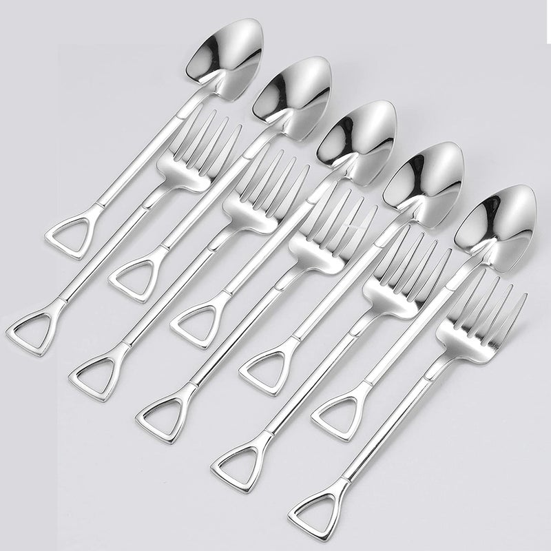 Comicfs Comicf 10 Pcs 4.7 Inches Coffee Spoon Fork, Silver Shovel Shape Dessert Coffee Small Spoon Cocktail Picks Fruit Fork Flatware, Stainless Steel Tea Spoons Set (5 Spoons 5 Forks, Silver) - Image 3